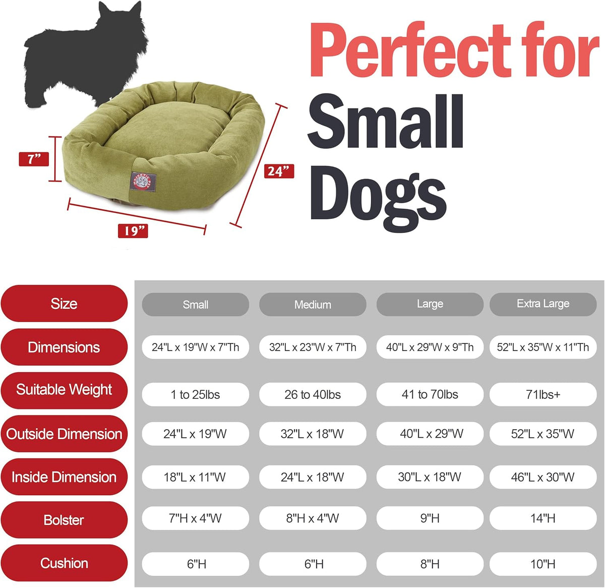 Majestic Pet Villa 24 Inch Shredded Memory Foam Dog Bed for Small Sized Dogs 24x19x7 Inch–Orthopedic Dog Bed-Durable Pet Bed - Washable Small Pet Bed with Head Support-Apple