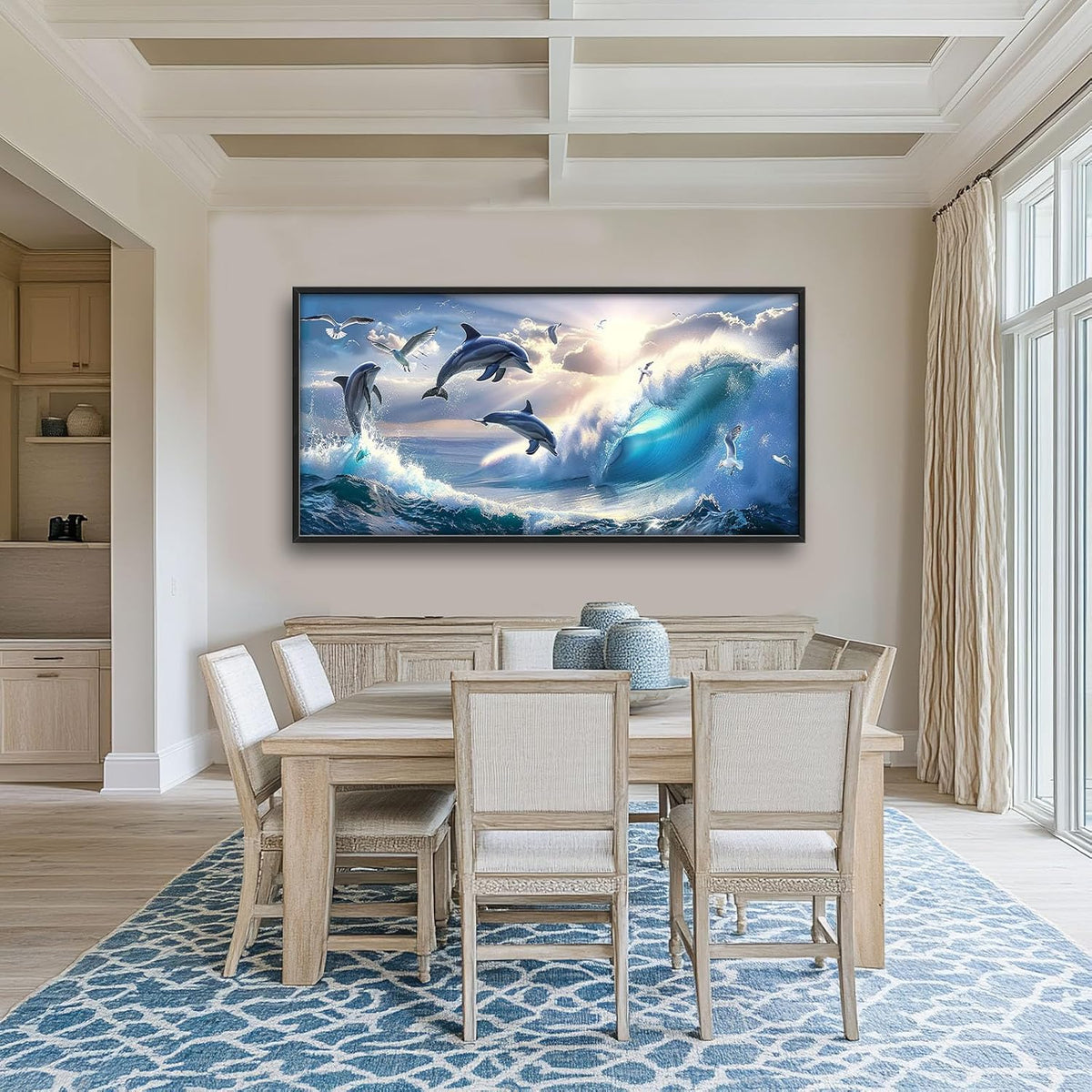 Dolphin Seagull Large Wall Art Sea Ocean Waves Sunrise Pictures Wall Decor Nautical Coastal Canvas Print Painting Artwork for Bathroom Living Room Bedroom 60L" x 30W"