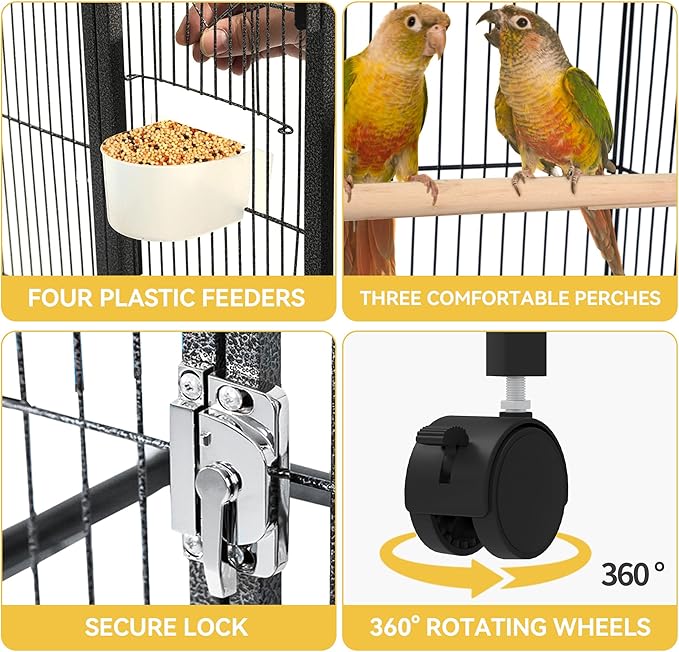 DWVO 41-inch Metal Bird Cage: Large Parrot Cages with Rolling Stand - Features Tray, Food Boxes & Wooden Perches for Parakeets, Lovebirds, Cockatiels, Finches and Pigeons, Black