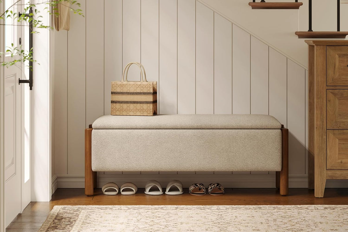 Modern Storage Benches with Walnut Wood Legs, 47'' Ottoman Bench with 20 Gallons Storage Space for Bedroom End of Bed, Fabric Upholstered Entryway Bench with Seating for Livingroom, Beige