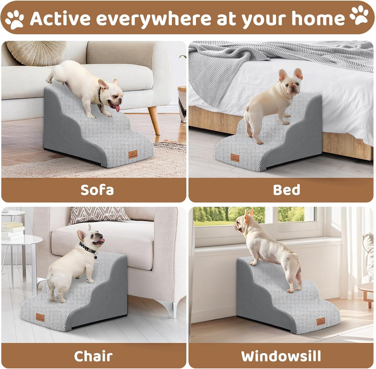 Dog Ramp and Stair for Bed 16" H-20 H,3-Step Cat Stair for Sofa and Chair,4-Step Dog Ramp for High Bed and Window,Durable Nonslip Fabric Cover for Indoor (Light Grey-16 H, Pet Friendly, 3)