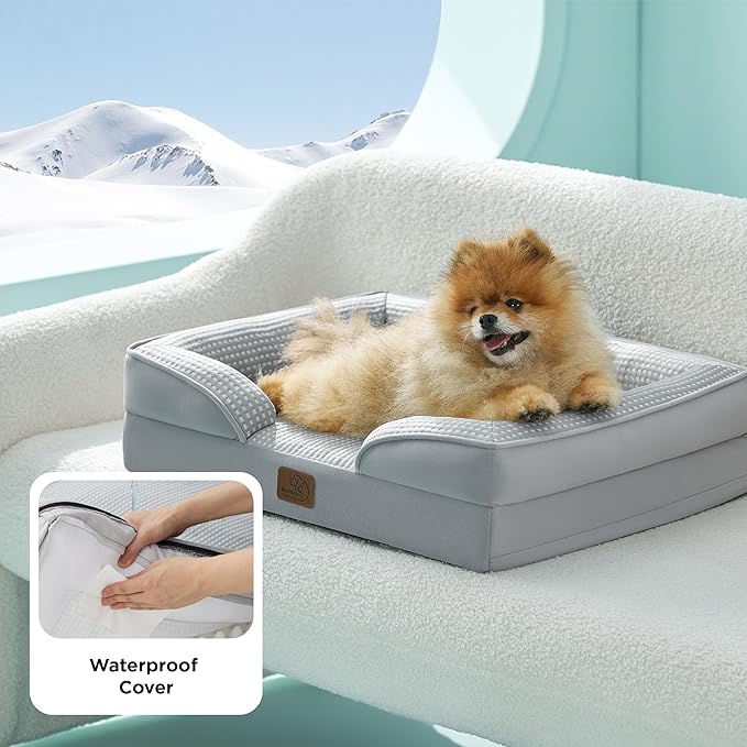 Bedsure Orthopedic Dog Beds for Small Dogs - Washable Small Dog Cat Bed Waterproof, Comfort Pet Couch Sofa with Washable Removable Cover, Pets Bed with Nonskid Bottom, Cooling Grey, 24"