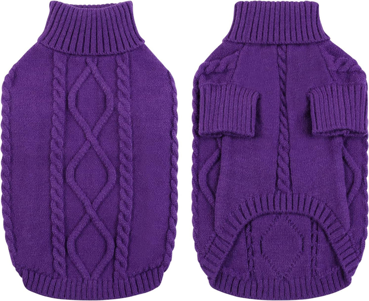 Queenmore Small Dog Pullover Sweater, Cold Weather Cable Knitwear, Classic Turtleneck Thick Warm Clothes for Chihuahua, Bulldog, Dachshund, Pug (Purple, Small)