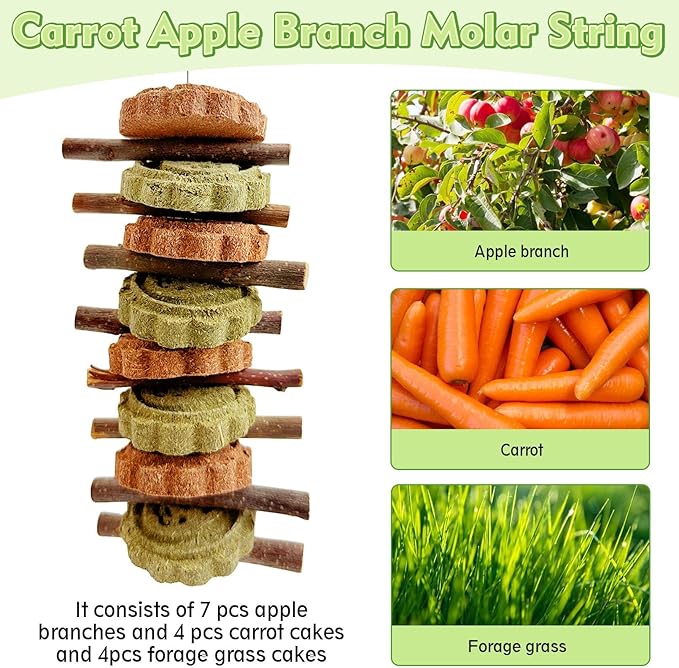 Hamiledyi 4PCS Bunny Chew Toys Rabbit Toys for Teeth Grinding Natural Fruit Sticks Timothy Grass Small Animal Chew Toys and Treats for Guinea Pig Hamster Chinchilla Squirrel