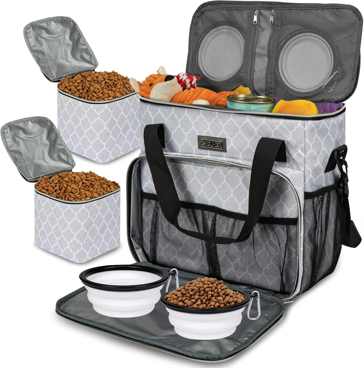 BAGLHER Dog Travel Bag, Pet Travel Bag (ALL Pet Travel Supplies), With 2 Pet Food Containers and 2 Collapsible Silicone Bowls; Essential Kits for Pet Travel DLwhite
