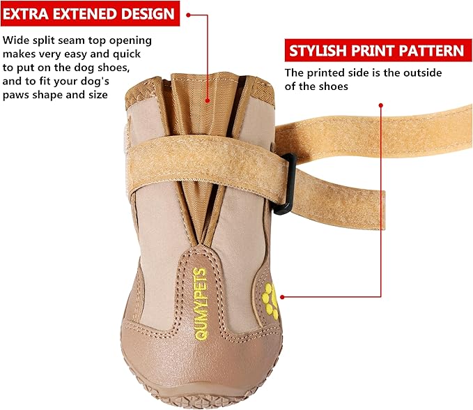 QUMY Dog Shoes for Large Dogs, Medium Dog Boots & Paw Protectors for Winter Snowy Day, Summer Hot Pavement, Waterproof in Rainy Weather, Outdoor Walking, Indoor Hardfloors Anti Slip Sole Khaki 8