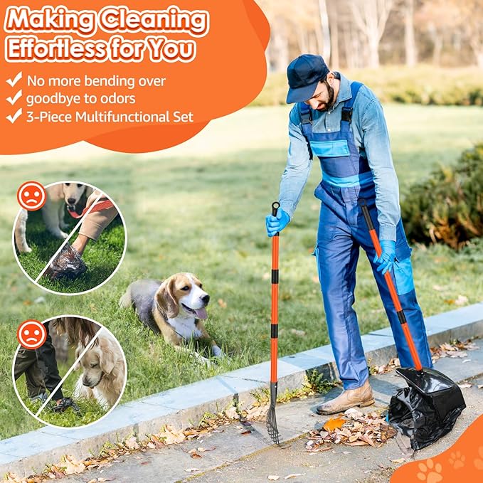 SlowTon Dog Pooper Scooper - 37.4" Long Handle Adjustable Metal Swivel Bin & Rake & Spade Kit with 20 Waste Bags, Portable Pooper Scooper for Gravel Lawn Grass, Suit for Small Medium Large Dog
