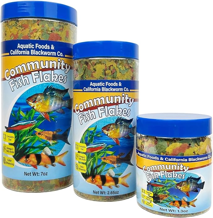 Aquatic Foods Inc. Community & Tropical Fish Flakes, for Angel Fish, Guppies, Live Bearers, Loaches, Gouramis, Catfish, Cichlids, 12-Type Pellet Mix & 4-Type Wafer Mix Included...1.30oz Canister