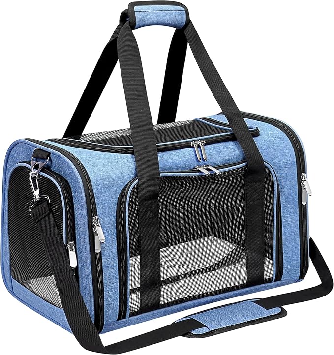 Soft-Sided Cat/Dog/Pet Carrier, Collapsible Pets Travel Carriers for Big Cats/Small Dogs with Shoulder Strap & Removable Mat, Mesh Puppy Carry Bag, Up to 16 Lbs, TSA Airline Approved(Blue)