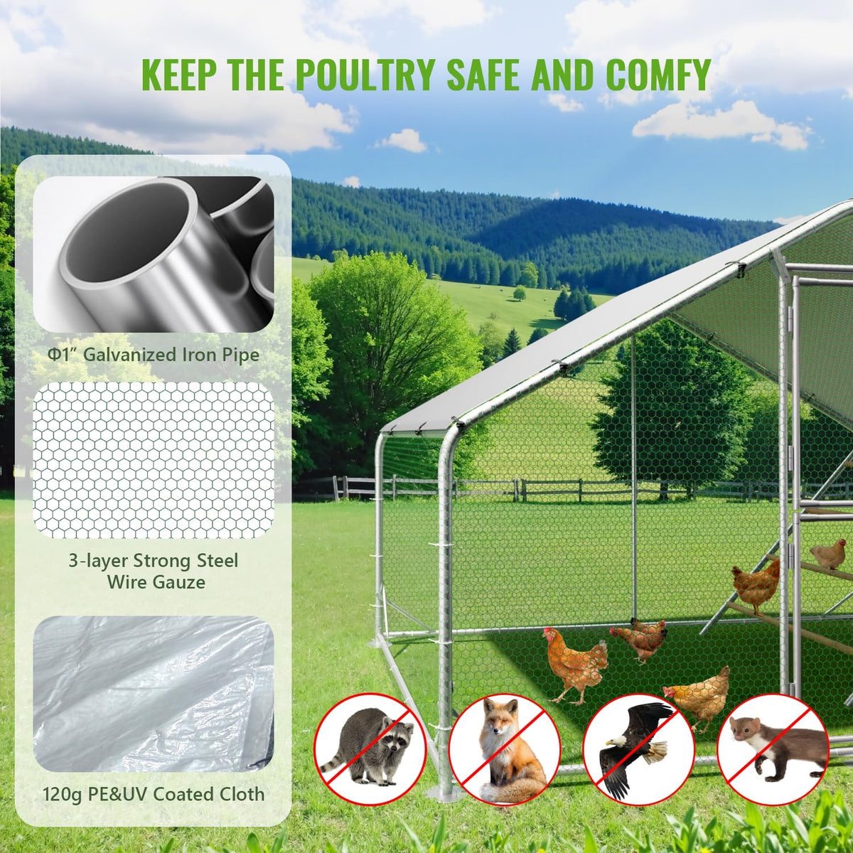 Large Metal Chicken Coop, 10x6.5x6.5FT Chicken Runs for Yard with Cover,
