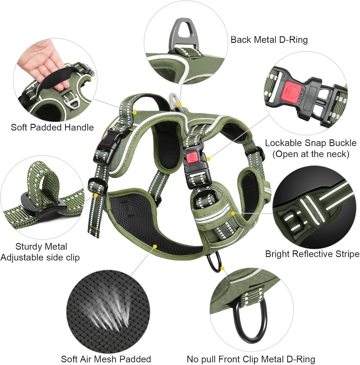 Timos Dog Harness Small Sized, No Pull Pet Harness with Neck Lockable Snap,No Choke Front Clip Dog Reflective Vest,Adjustable Metal Rings 3 Buckles,Easy Control Handle for Small Dogs Green S