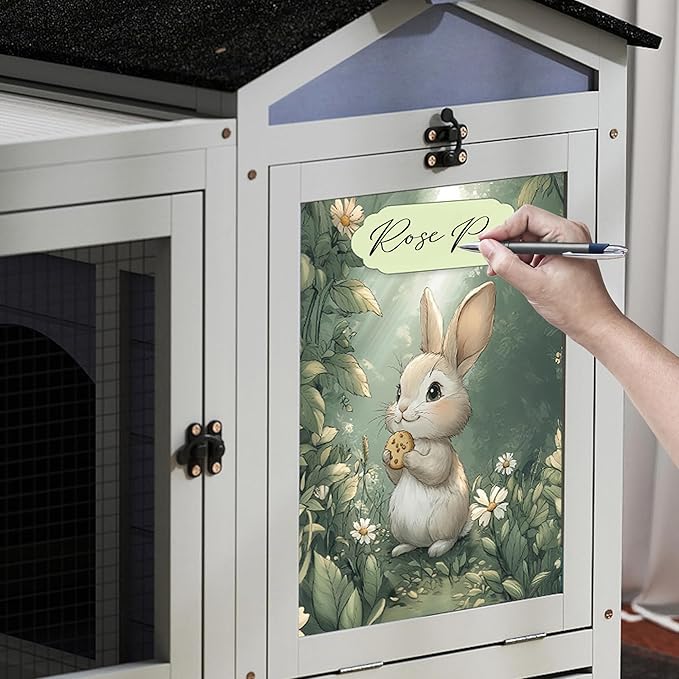 COZIWOW 39inches Assembled Wood Rabbit Hutch Indoor，Wide Space Small Animal Houses with Removable Tray&Safety Lock，Bunny Cage with Waterproof Roof&Solar Panels (Grey with Pattern)