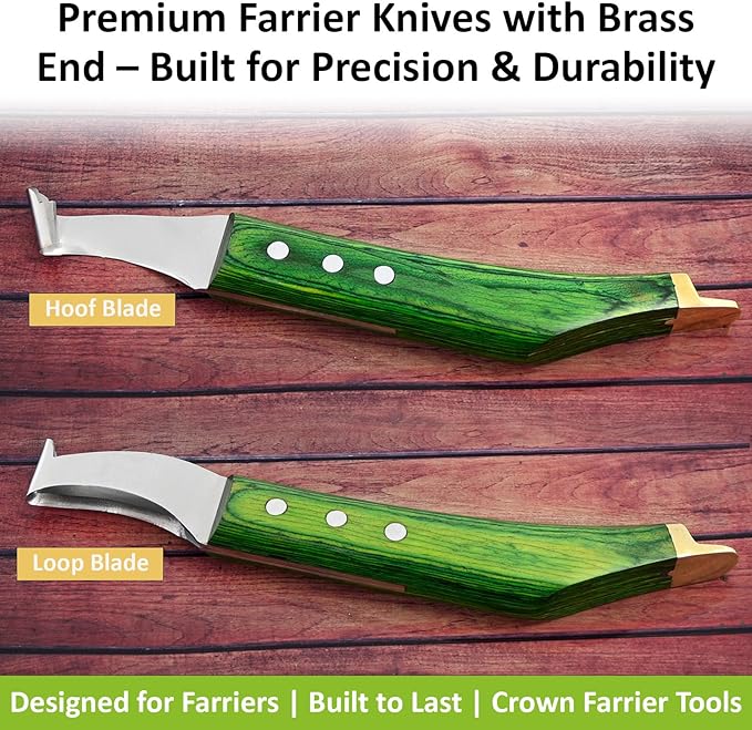 Premium Farrier Loop & Hoof Knife with Brass End – Professional Hoof Trimming Tool for Horses, Cows & Livestock, Stainless Steel Blade, Ergonomic Wood Handle (Green)