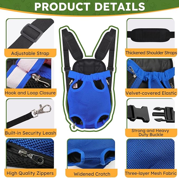 Pet Carrier Backpack, Hands-Free Adjustable Dog Front Carrier Legs Out & Easy-Fit Dog Backpack Carrier for Hiking Camping Traveling Cycling for Small Dogs and Rabbits (Medium, Blue)