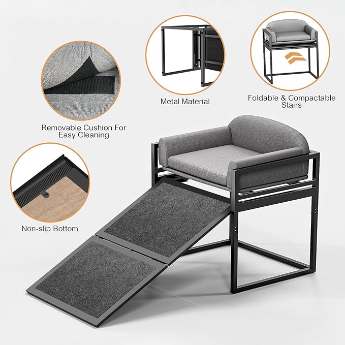 Pet Stairs Ramp Doggie Stairs with Seat,Extra Wide Seat Mate Chair Ramps Puppy for High Bed Couch Office,Non Slip Dachshunds Ladder,Pet Step for Small Dogs,Cat Ladder Grey(Hold Up to 100 lbs)