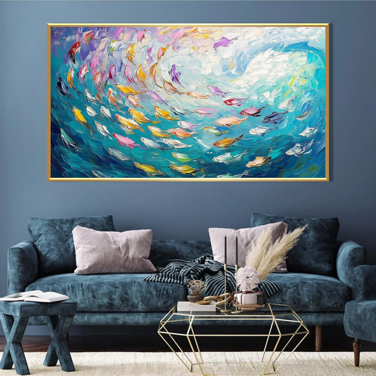 Fish Canvas Wall Art, Abstract School of Fish Canvas Wall Art, School of Fish Painting Canvas, School of Fish Wall Art, Fish Wall Decor, Fish Pictures Wall Decor, Bedroom Canvas Wall Decor (Gold Framed, 48"x27" | 122x68cm)