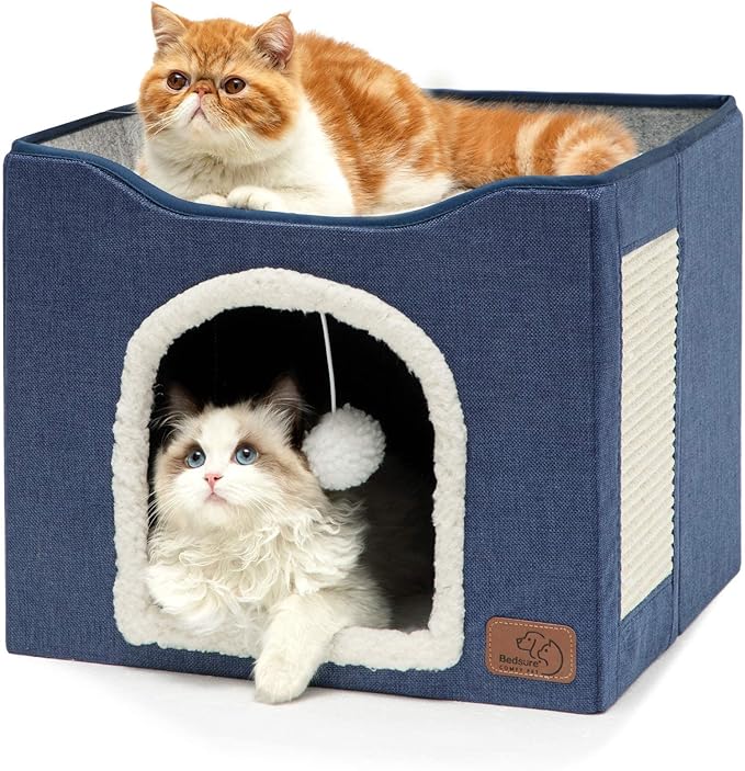 Bedsure Cat Beds for Indoor Cats - Large Cat Cave for Pet Cat House with Fluffy Ball Hanging and Scratch Pad, Foldable Cat Hideaway, 16.5x16.5x13 inches, Blue