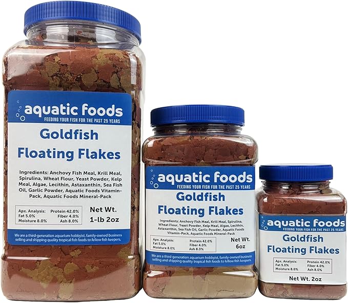 Aquatic Foods Inc. Premium Goldfish Flakes, 42% Protein Color Enhancing and Spirulina Flakes for Aquarium, Koi and All Pond Fish Also Pellet Mix, Wafer Mix Included…6oz Jar