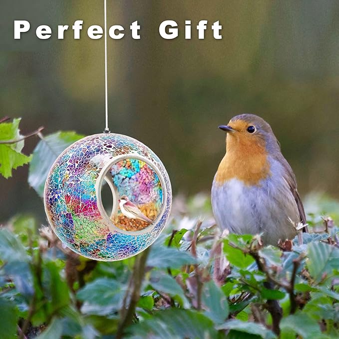 Bird Feeder Mosaic Fly Through Bird Feeder for Outside Hanging with Round Shape Glass Feeders to Attract Wild Birds for Garden, Deck, Yard, Backyard and Porch Decor, 7-Inch
