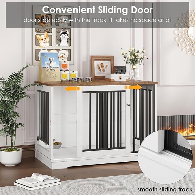Dog Crate Furniture 47" Large Dog Kennel for Dogs Indoor, Heavy Duty Dog Cage with Sliding Door and 2 SUS Bowls Wooden End Table in Living Room for Small Medium Large Dogs, White