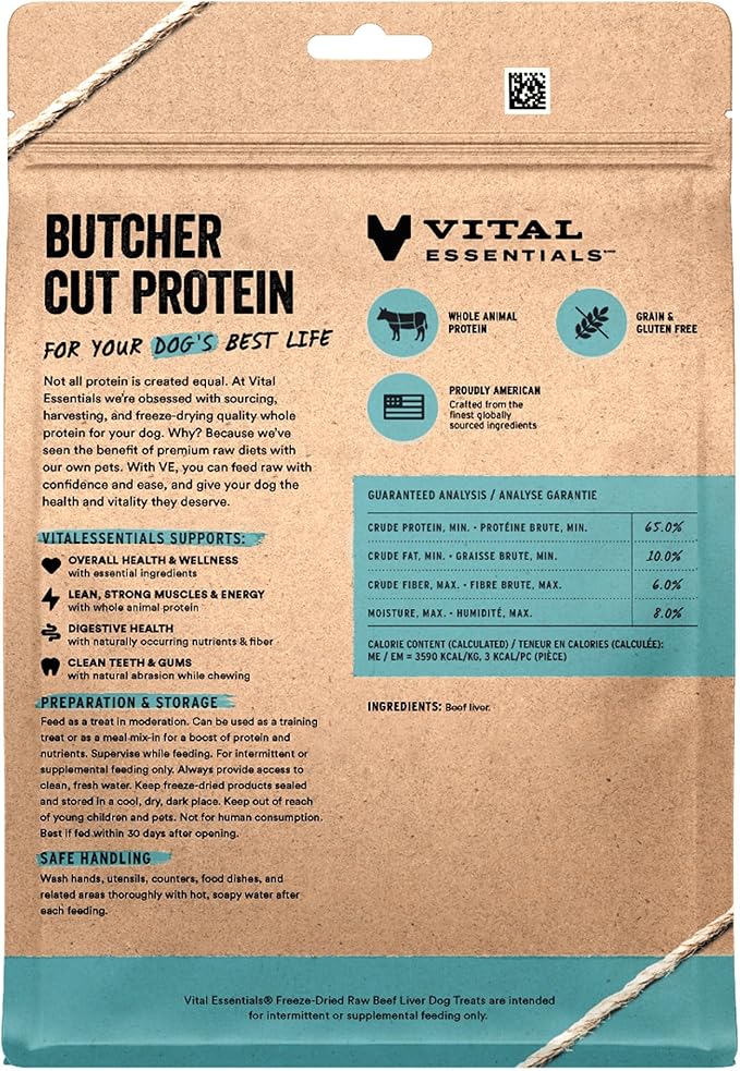 Vital Essentials Single Ingredient Beef Liver Dog Treats, 15 oz | Freeze-Dried Raw | Premium Quality High Protein Training Treats | Grain Free, Gluten Free, Filler Free