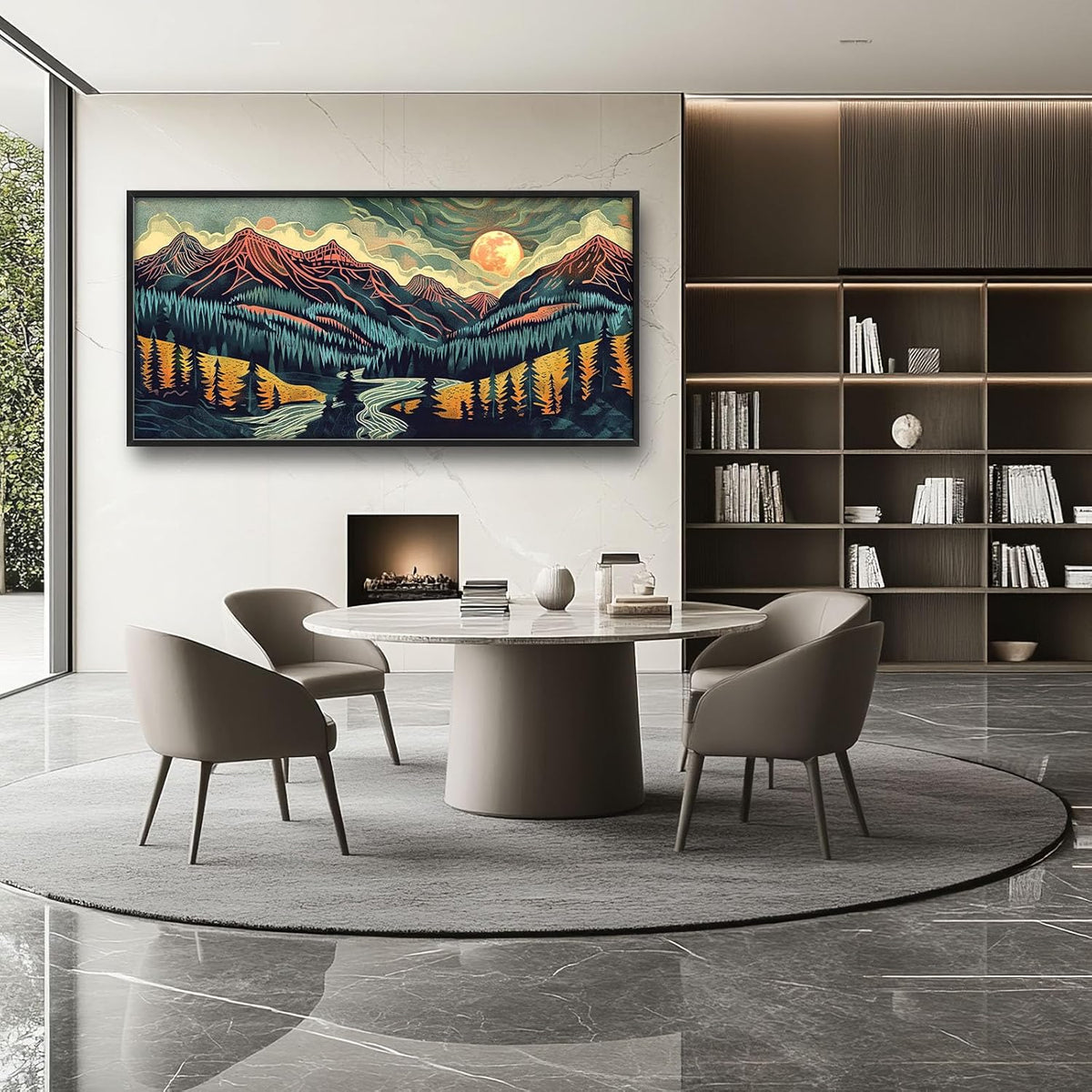 Quorin Boho Mountain Large Wall Art Abstract Pictures Lake Pine Tree Forest Foggy Sunset Wall Decor Nature Landscape Canvas Print Painting Artwork for Bathroom Living Room Bedroom 60L x 30W