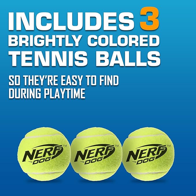 Nerf Dog Tennis Ball Blaster Dog Toy Gift Set, Tennis Ball Dog Fetch Toy Launches up to 50 ft, Dog Ball Thrower for All Breeds Includes Translucent Blue Tennis Ball Launcher and 3 Dog Tennis Balls
