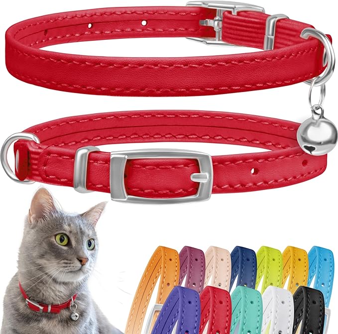 CollarDirect Leather Cat Collar with Bell - Kitten Collar, Small and Big Cat Strap for Boy Cats, Girl Cats with Safety Elastic Strap (Neck Fit 6"-7", Red)