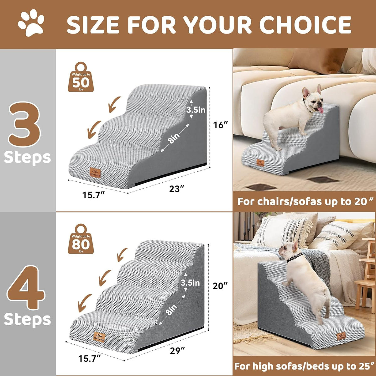 Dog Ramp and Stair for Bed 16" H-20 H,3-Step Cat Stair for Sofa and Chair,4-Step Dog Ramp for High Bed and Window,Durable Nonslip Fabric Cover for Indoor (Light Grey-16 H, Pet Friendly, 3)