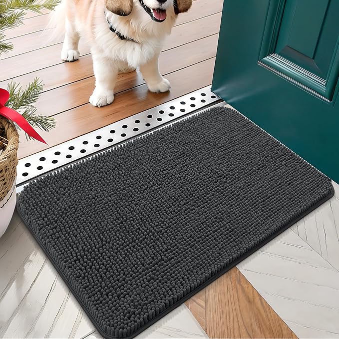 OLANLY Dog Door Mat for Muddy Paws 24x16, Absorbs Moisture and Dirt, Absorbent Non-Slip Washable Doormat, Quick Dry Chenille Mud Mat for Dogs, Entry Indoor Entryway Carpet for Inside Floor, Dark Grey