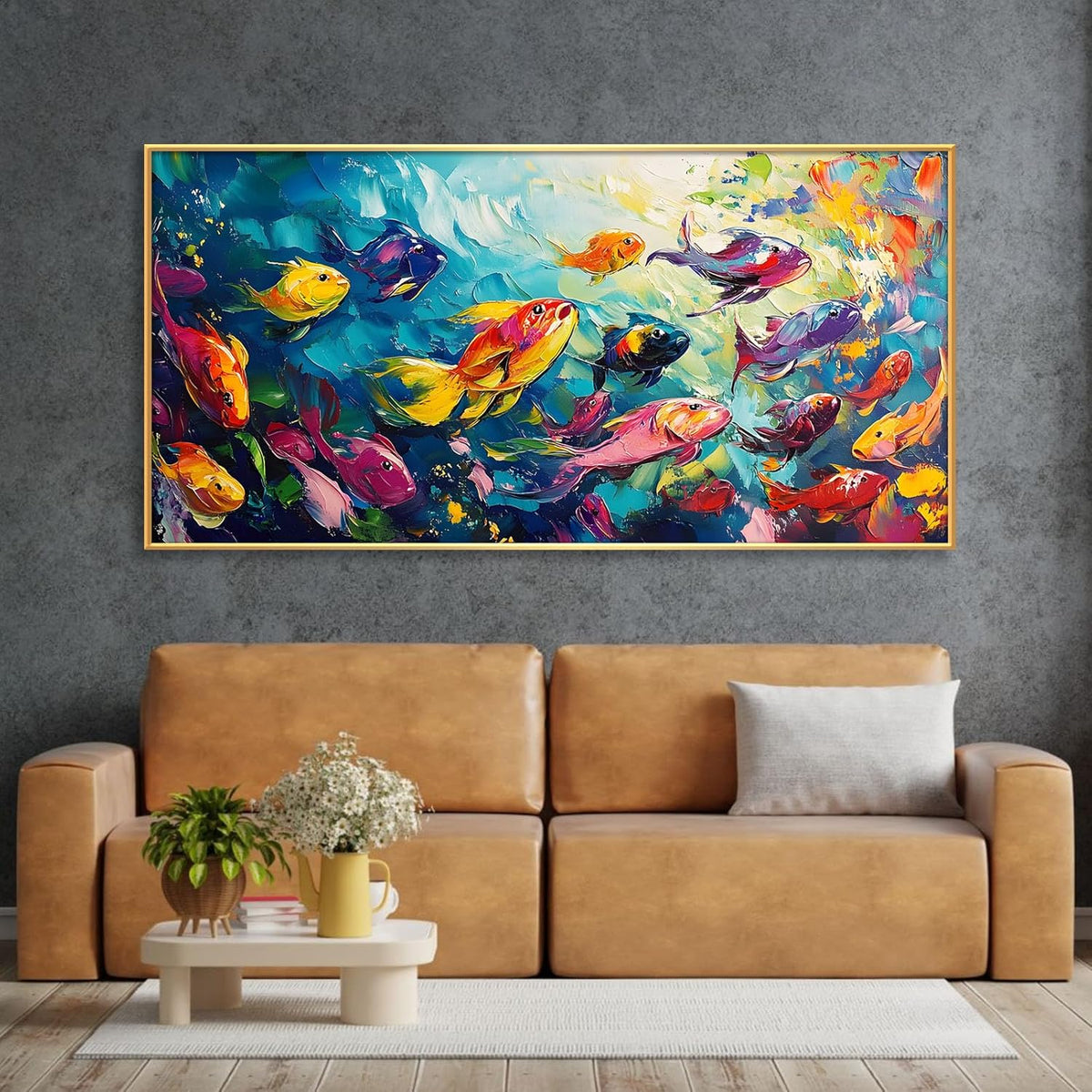 School of Fish Printed Canvas Wall Art – Framed Abstract Ocean Print – Vibrant Fish Wall Decor for Living Room, Bedroom, Office (Gold Framed, 55"x27"|140x70cm)