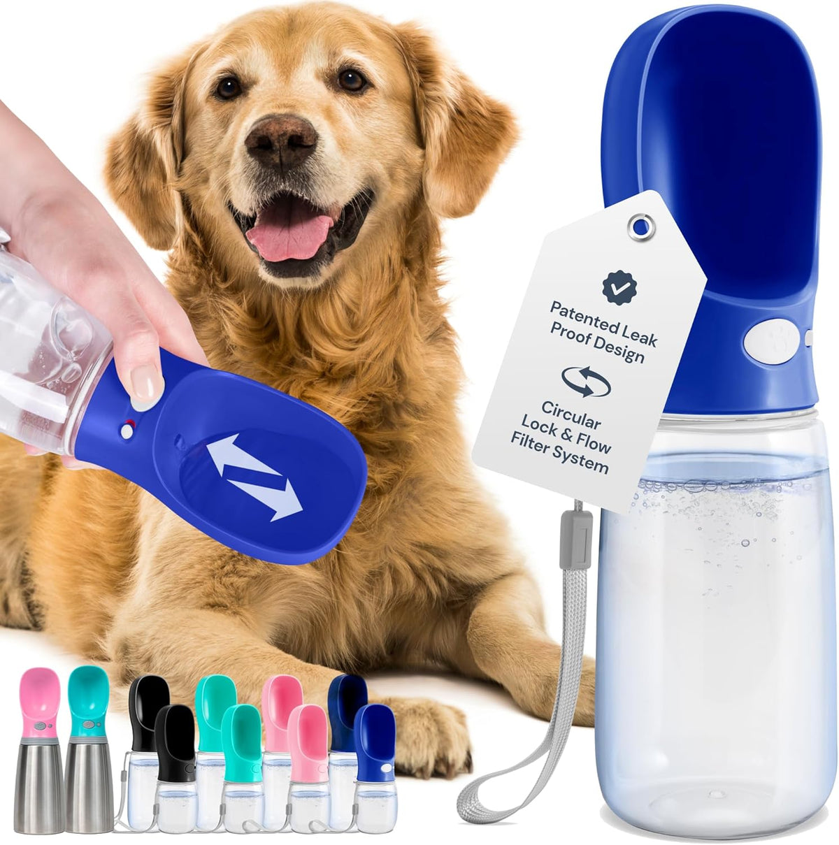 MalsiPree Dog Water Bottle Portable - 19 Oz, Navy Blue - Leak-Proof One-Hand Hydration Valve with Built-in Bowl - Travel Dog Water Bowl & Pet Bottle Dispenser