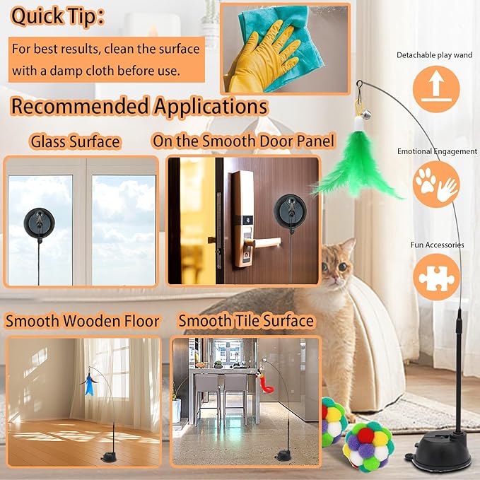 4-in-1 Interactive Cat Toys Set with Suction Cup Wand, Hanging Cat Toys, Fishing Pole Cat Wand & Kitten Balls- Includes Variety Replaceable Worms, Feathers for Indoor Bored Cats for Exercise