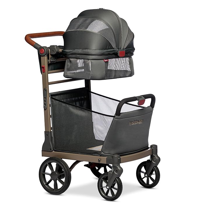 Pet Foldable Cart - Luxury Cat & Dog Stroller with Extra Large Shopping Basket, Cup Holders, & Ventilated Canopy - Easy Fold Pet Stroller for Cats & Dogs