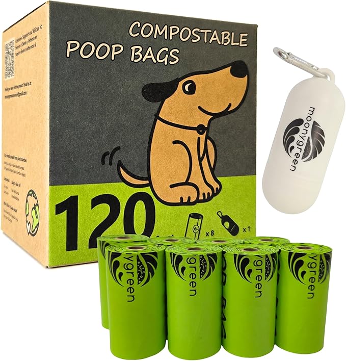 Dog Poop Bag with Holder, Compostable Dog Bags for Poop, Vegetable-Based Doggy Poop Bags, Eco-Friendly, Unscented, Extra Thick and Leak Proof, 120 Counts, 10 Rolls, 9 x 13 Inches