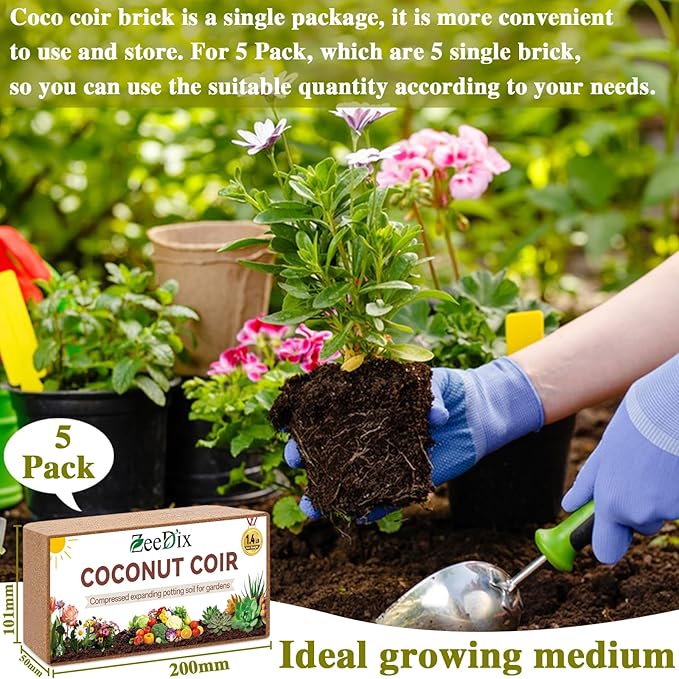 ZeeDix 5 Pack Coconut Coir Bricks, 100% Organic Compressed Coco Coir Brick Seed Starter Potting Soil for Plants, Premium Coconut Fiber Substrate with Low EC & pH Balance for Gardening Flower Herbs