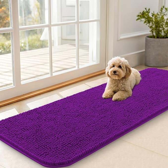 OLANLY Dog Door Mat for Muddy Paws 59x20, Absorbs Moisture and Dirt, Absorbent Non-Slip Washable Doormat, Quick Dry Chenille Mud Mat for Dogs, Entry Indoor Entryway Carpet for Inside Floor, Purple