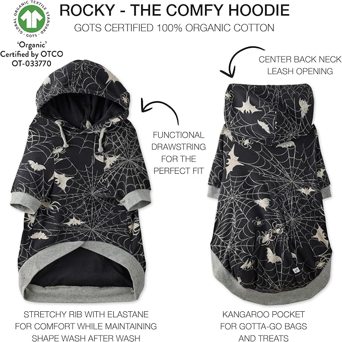 Rocky – The Orginal Lightweight Hooded TEE 100% Organic Cotton Dog Hoodie Pet Coat Sweater for Small, Medium, Large Dogs, Batty Black, X-Large