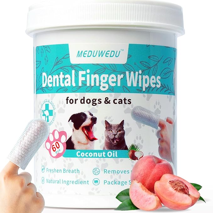 Dental Care Finger Wipes 60 Counts,Teeth Cleaning Finger Wipes for Dogs & Cats,Reduces Plaque & Supports Oral Freshness, Small Animal Stain Removers, Peach Scent