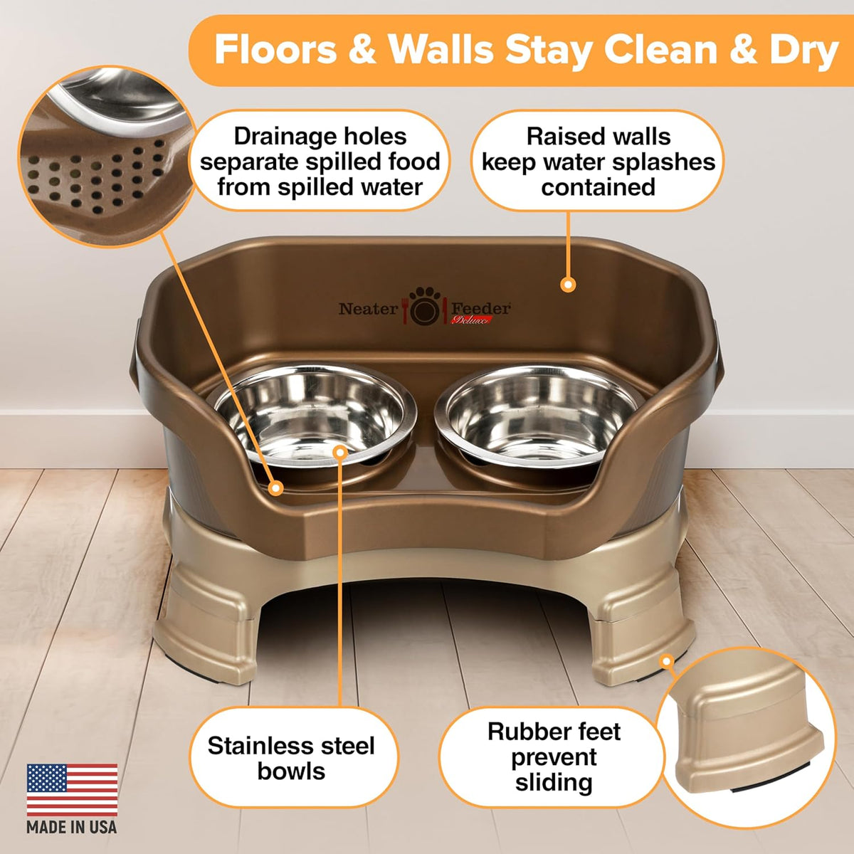 Neater Feeder Deluxe Mess Proof Cat Bowls Elevated for All Breeds – Made in USA – No Spill Raised Cat Bowls for Indoor Cats w/Leg Extensions – Stainless Steel Cat Food and Water Bowl Set - Bronze