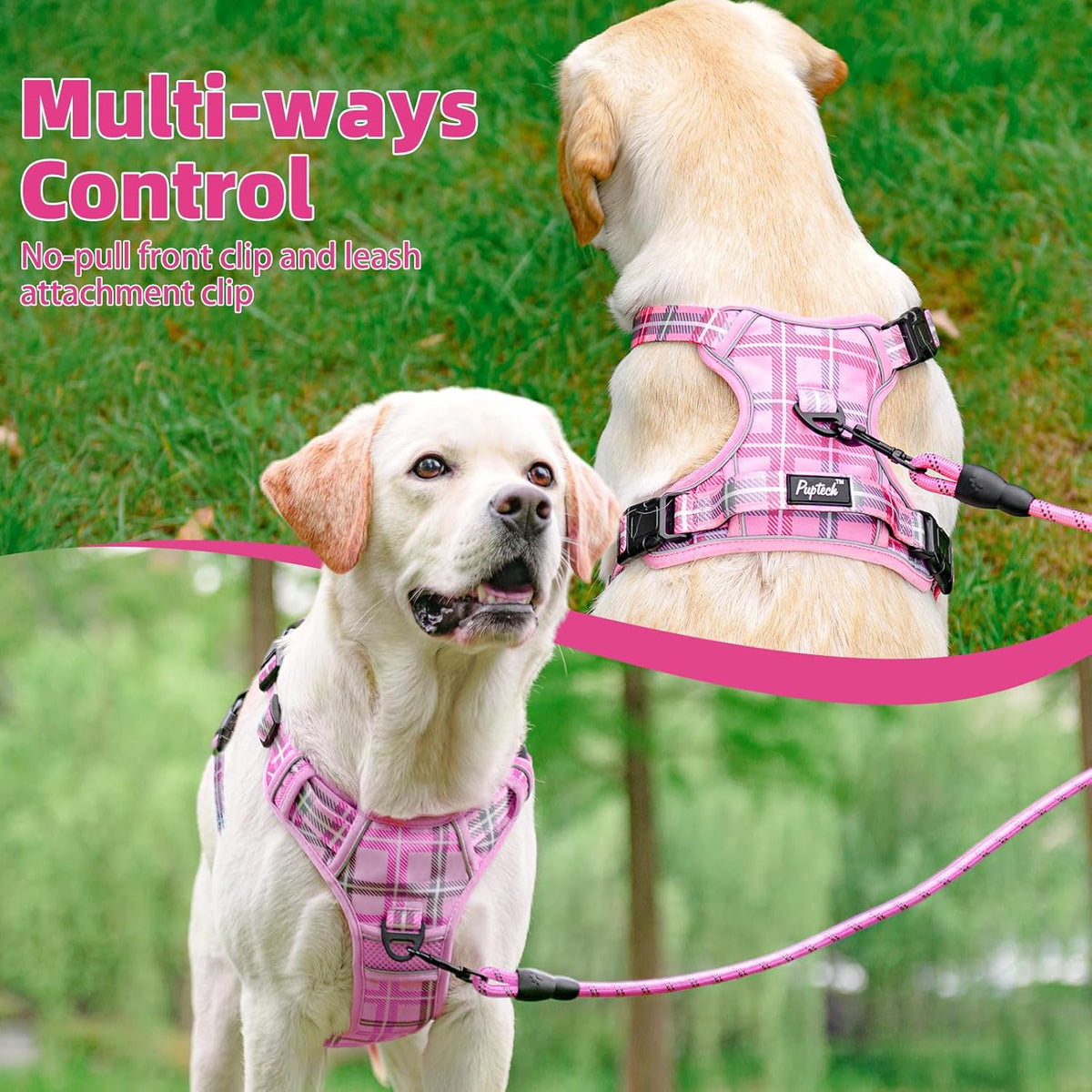 PUPTECK No Pull Dog Harness Medium Sized, Adjustable Reflective Dog Harness with Handle Easy Control, Comfortable Soft Padded Pet Vest Harness for Medium Dogs, Plaid Pink M