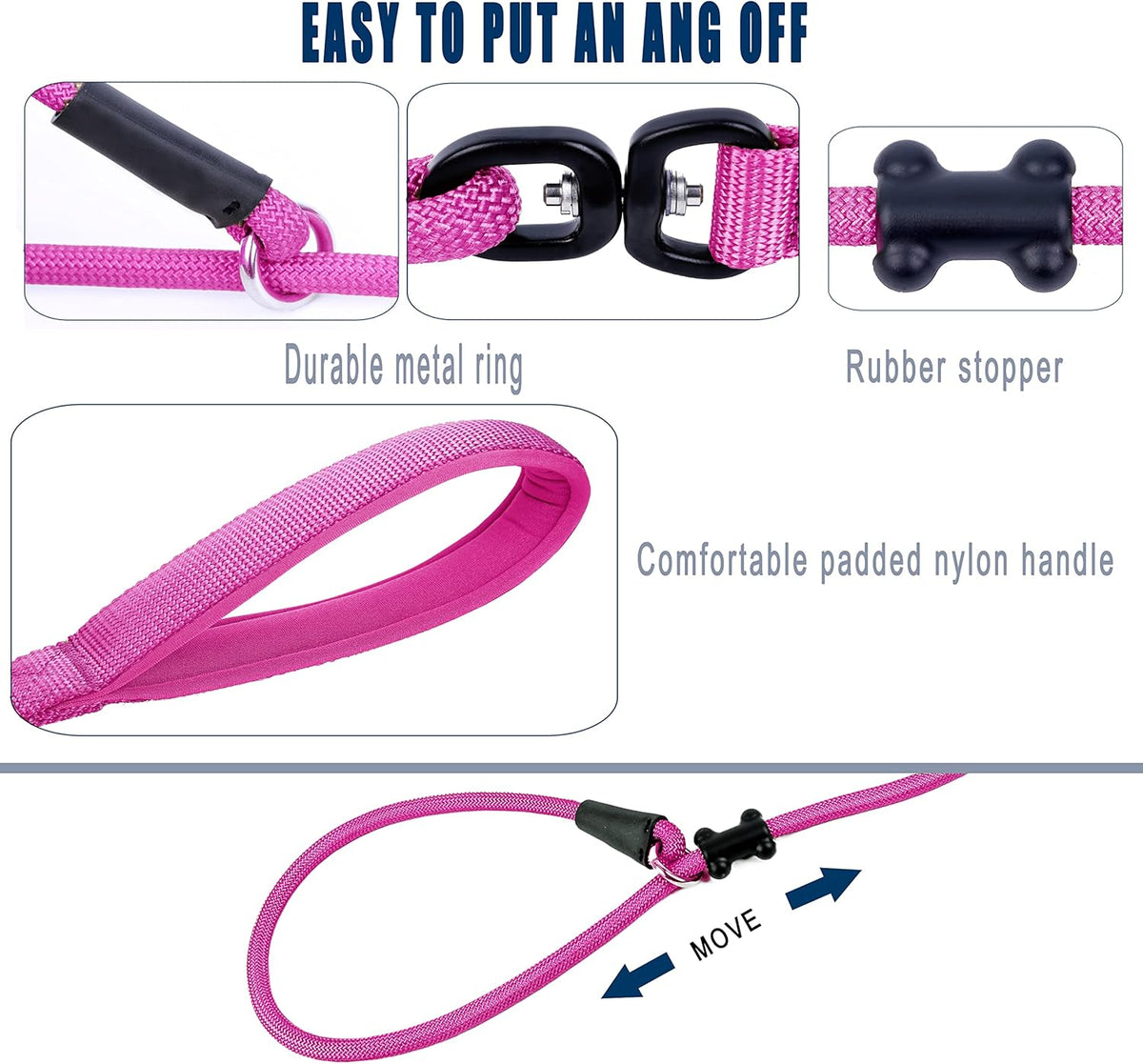 Slip Lead Dog Leash，Strong Nylon Rope Leash and Padded Handle,No Pull Outdoor Walking Training Lead for Small Medium Large Dogs(Fuchsia,1/2"×4ft)