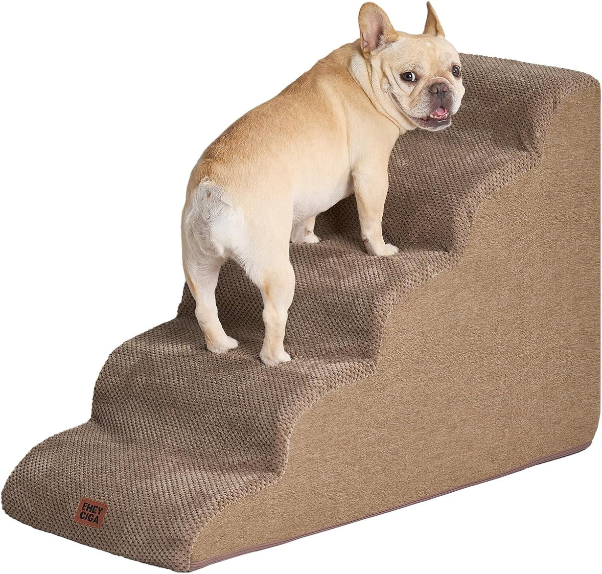 EHEYCIGA Curved Dog Stairs Ramp for High Beds 22.6" H, 5-Step Dog Steps for Small Dogs and Cats, Pet Stairs for High Bed Climbing, Non-Slip Balanced Pet Step Indoor, Camel