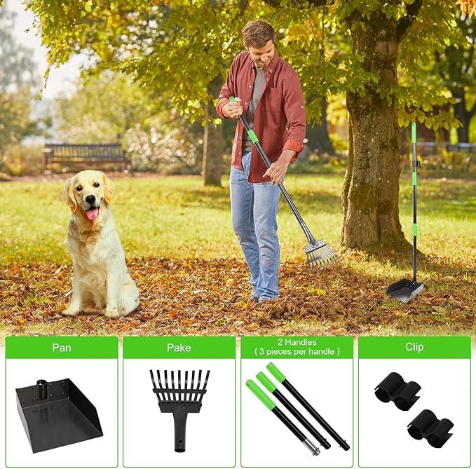 Non-Breakable Pooper Scooper, Dog Pooper Scooper Tray & Rake Set with Adjustable Stainless Steel Long Handle for Large Medium Small Dogs (Green)
