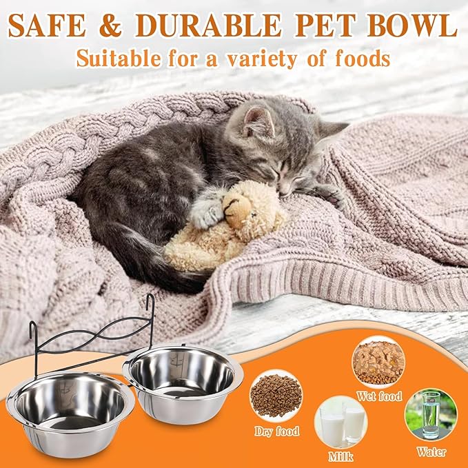kathson Hanging Bird Bowls for Cage, 2 PCS Stainless Steel Metal Pet Food Water Dishes with Holder Feeder Cage Coop Hook Feeder Cups for Birds, Parrots, Small Sized Dogs and Cats (4.3 Inch Dia)