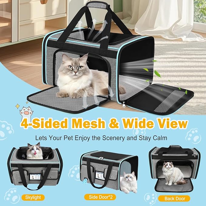 HUANLANG Soft-Sided Cat Carrier Airline Approved,Dog Carriers for Small Dogs Medium Cats,Pet Travel Carrier Up to 20 Lbs,Collapsible Cat Bag