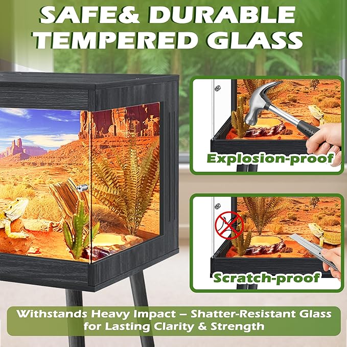 Royxen Tempered Glass Bearded Dragon Tank,24 Gallon Reptile Tank with Leg Stand,Built-in Lighting Reptile Enclosure Scartch-Proof Bearded Dragon Encloure for Chameleon,Snake(Black,24"x 16"x 16")
