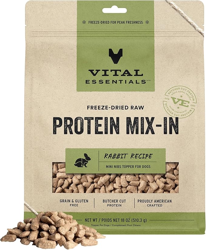Vital Essentials Freeze-Dried Raw Protein Mix-in Dog Food Topper, Rabbit Mini Nibs Topper for Dogs, 18 oz