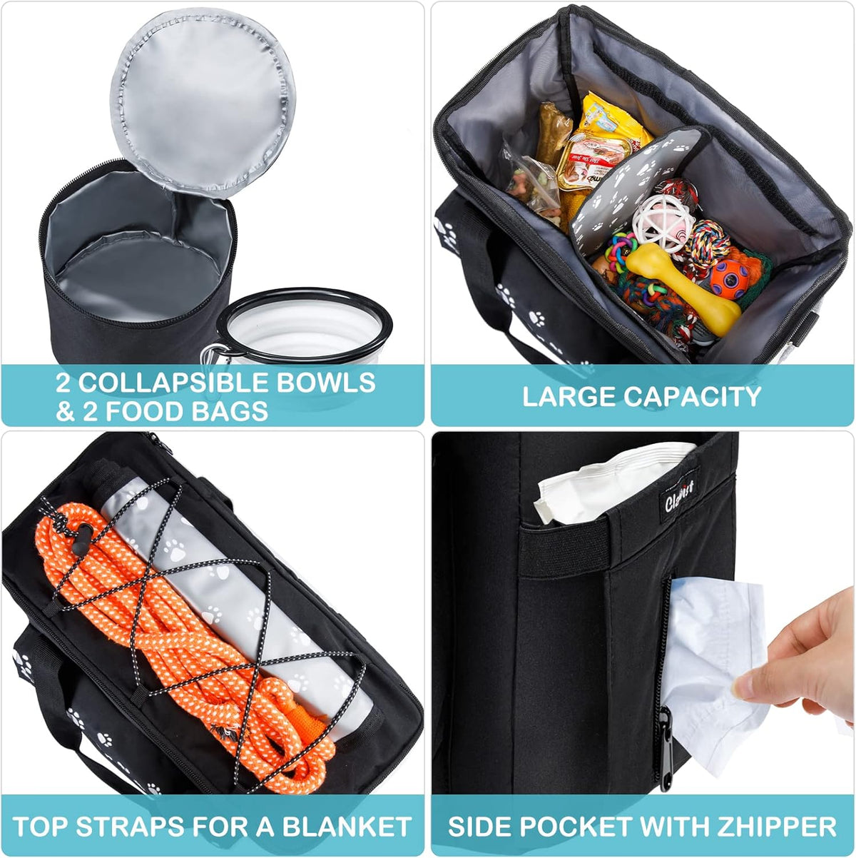 Dog Travel Bag, Airline Approved Dogs Bags for Traveling, 2 Dog 's Food Travel Container and Collapsible Bowls, Weekend Pet Travel Bags