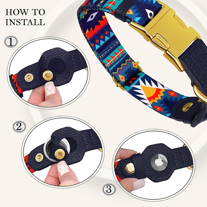 AirTag Dog Collar for Small Medium Large Breed - Adjustable Cute Pattern Dog Collar with Airtag Holder - Soft Leather Tracker GPS Apple Air Tag Pet Collars (Medium, 14"-18" Neck Fit, Navajo)